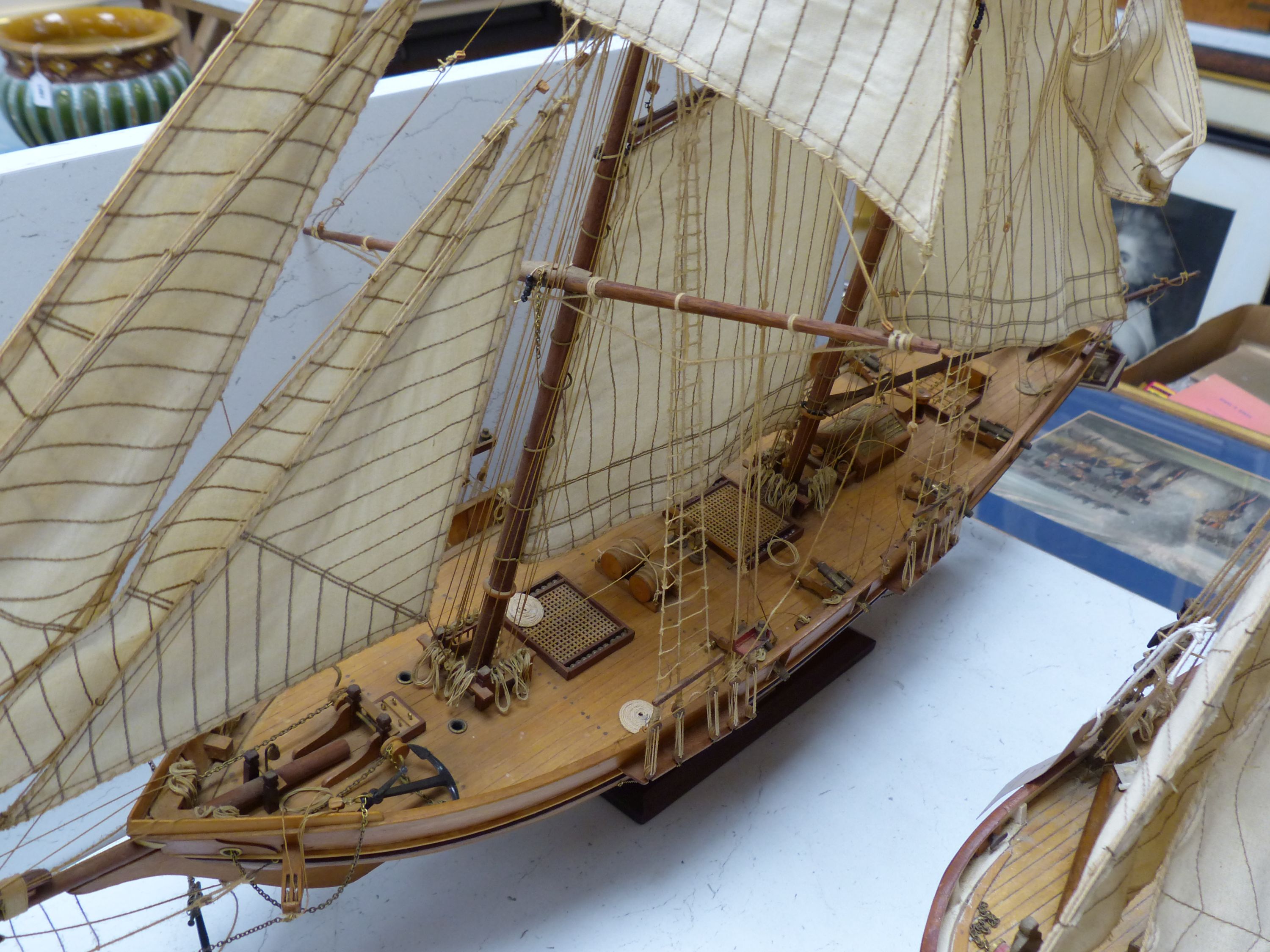 Two scratch built model boats, a clipper and a barge, larger 90 cm